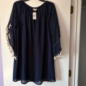 Indigo Soul Navy Blue Shift Dress Crochet Tassel Sleeves Size L